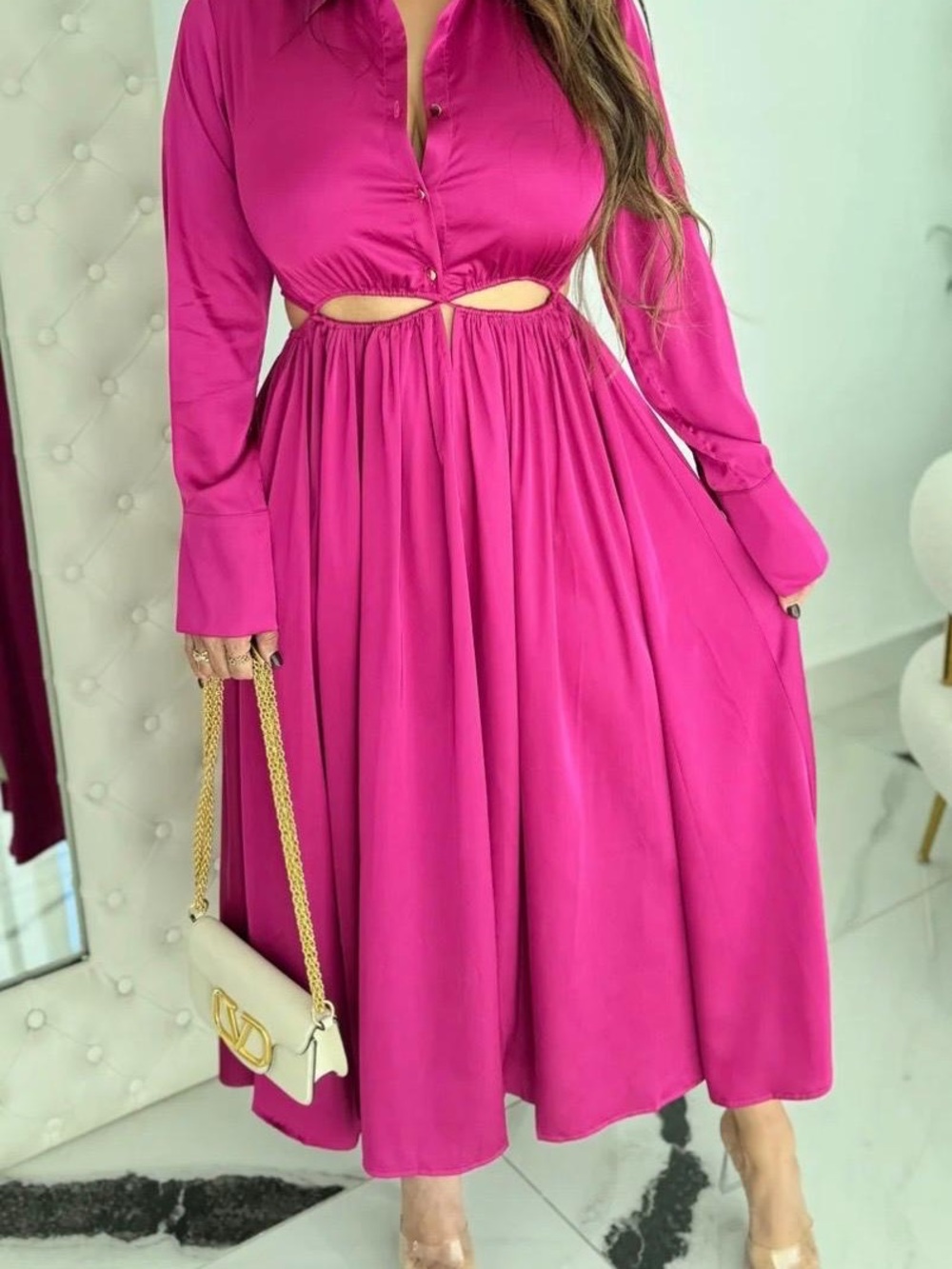 Women's Hot Pink Long Sleeve Cutout Midi Dress
